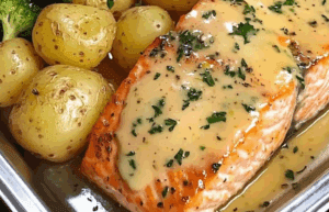 Salmone al burro e limone con patate croccanti e broccoli
